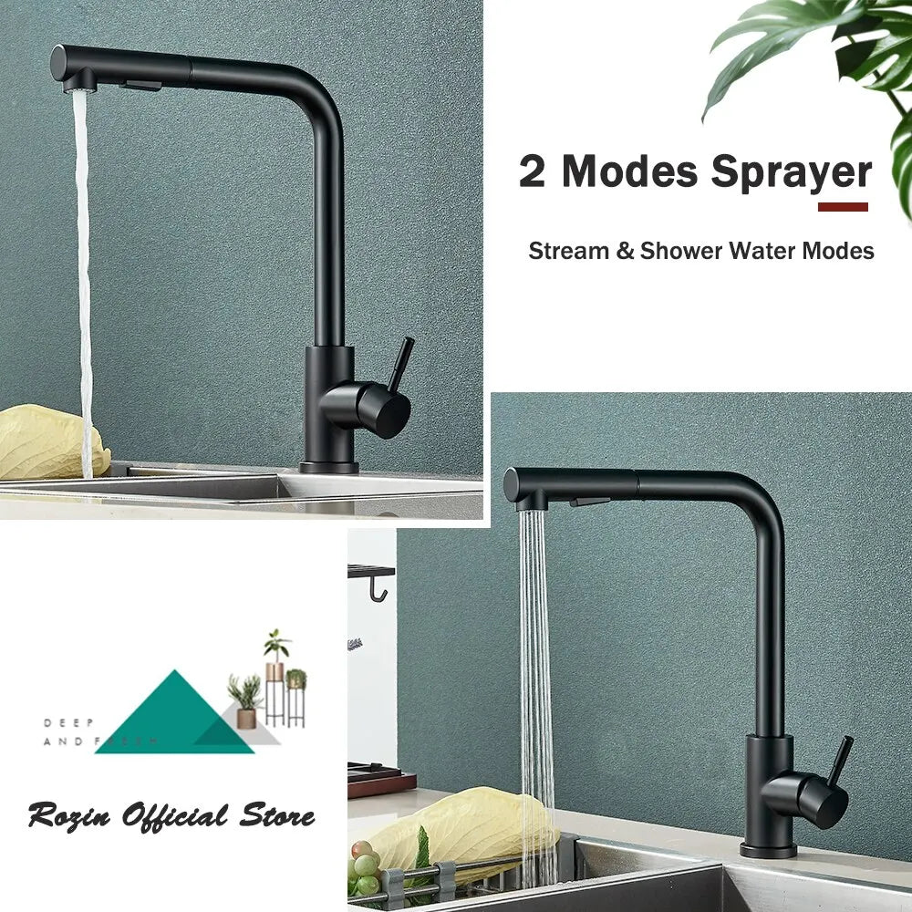 Rubinetto da cucina estraibile nero - Ugello flessibile a 2 modalità, in acciaio inossidabile, miscelatore acqua calda-fredda