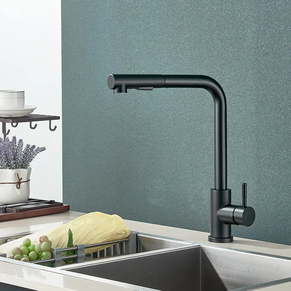 Rubinetto da cucina estraibile nero - Ugello flessibile a 2 modalità, in acciaio inossidabile, miscelatore acqua calda-fredda