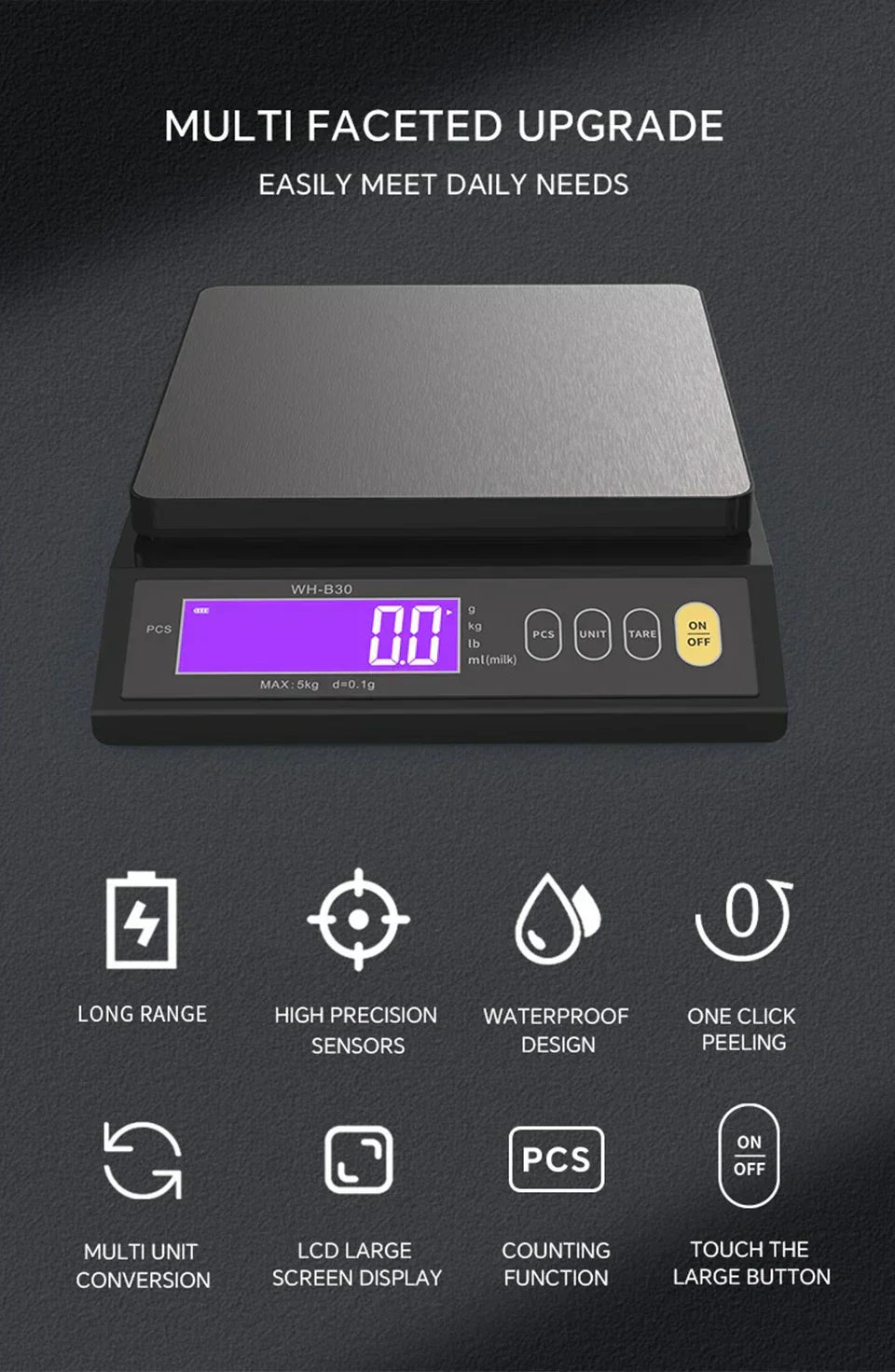 Bilancia da cucina elettronica digitale 5 kg/0,1 g e 10 kg/1 g, display LCD, strumento da cucina in acciaio inossidabile completamente impermeabile per la cottura