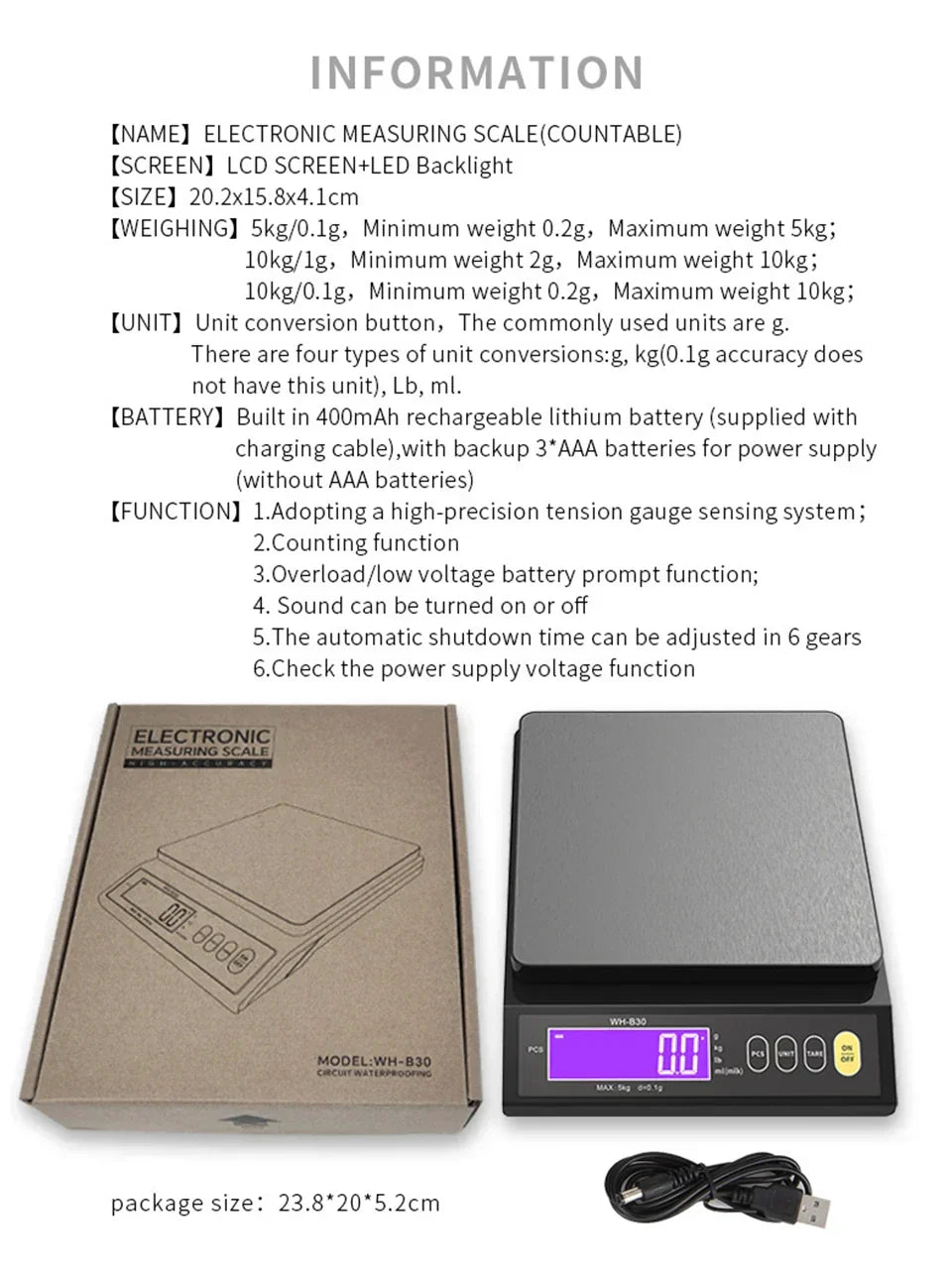 Bilancia da cucina elettronica digitale 5 kg/0,1 g e 10 kg/1 g, display LCD, strumento da cucina in acciaio inossidabile completamente impermeabile per la cottura