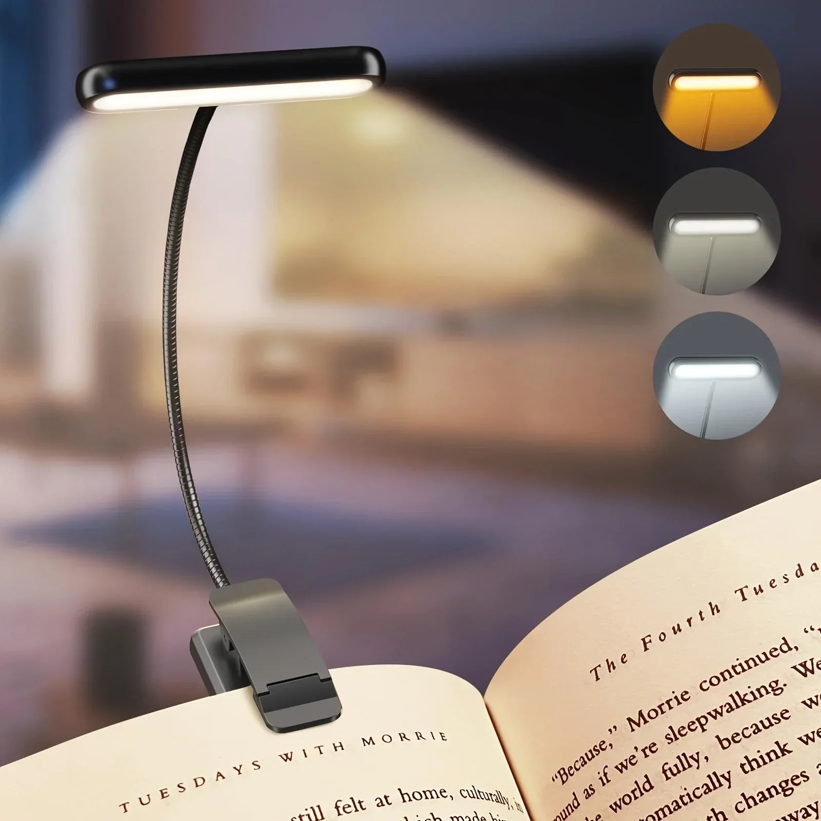 Lampada da lettura FlexiRead | Ricaricabile USB | 3 colori di luce e dimmerabile | Clip e braccio flessibile