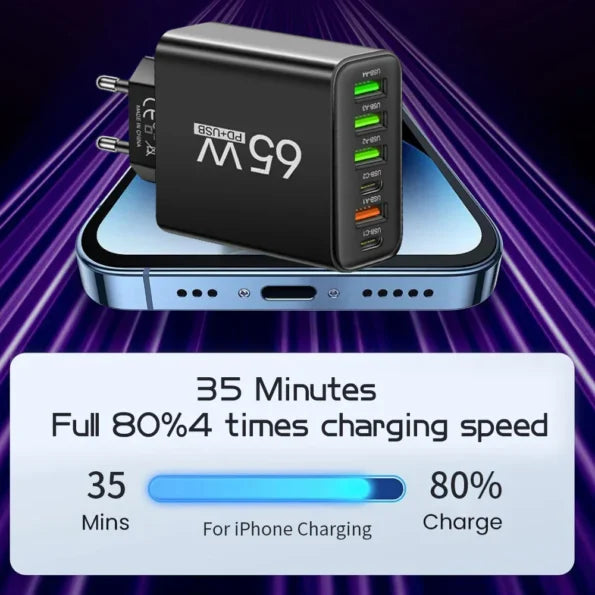 PowerMax 65W Caricatore Veloce 6-in-1 – Carica Fino a 6 Dispositivi Contemporaneamente – Ideale per Casa, Ufficio e Viaggi