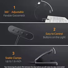 Lampada da lettura FlexiRead | Ricaricabile USB | 3 colori di luce e dimmerabile | Clip e braccio flessibile