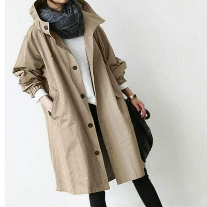 Trench coat impermeabile e resistente al vento per donne con cappuccio
