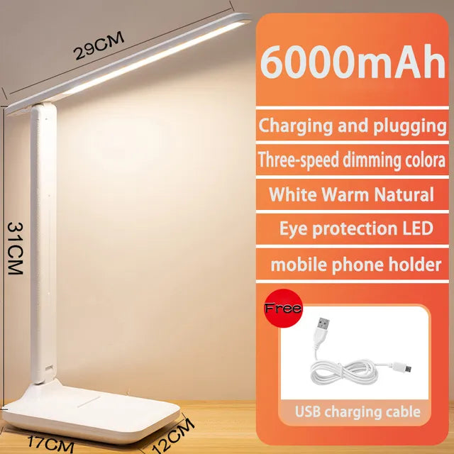 Lampada da tavolo LED ricaricabile da 6000mAh USB 3 colori dimmerabile senza step, lampada da scrivania touch pieghevole, luce notturna per lettura a protezione degli occhi