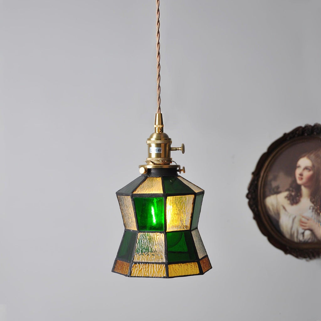Lampada a sospensione Tiffany – Ottone & Vetro – Verde/Arancione – Lampada da pranzo per accenti eleganti