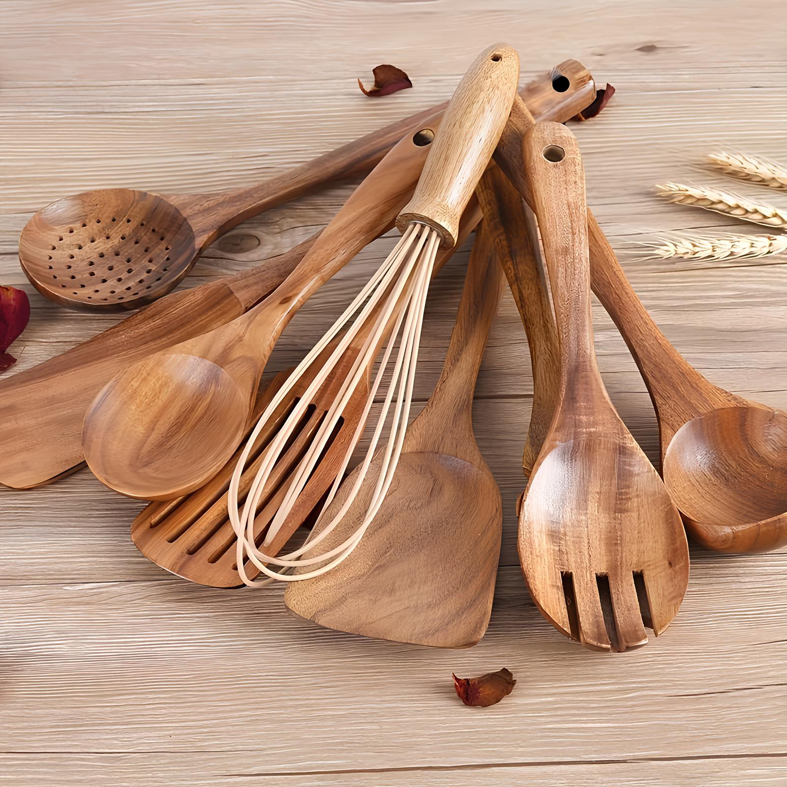 Set di Utensili da Cucina in Teak da 11 Pezzi | Con Supporto | Legno Naturale