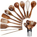 Set di Utensili da Cucina in Teak da 11 Pezzi | Con Supporto | Legno Naturale