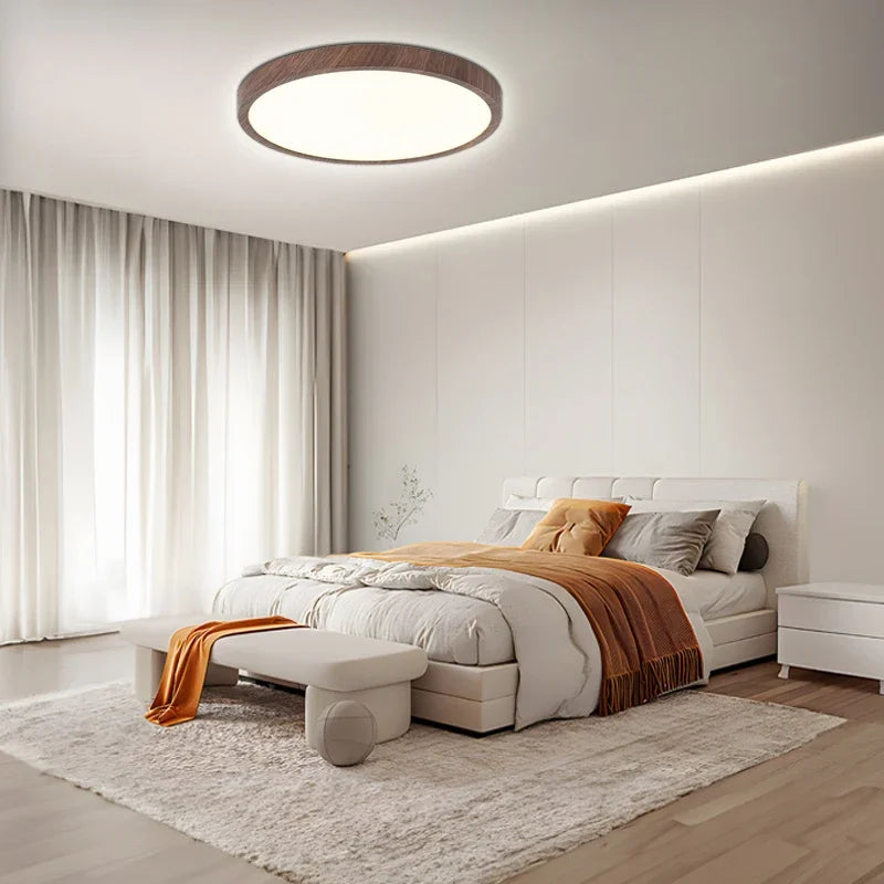 Lampada da soffitto circolare moderna con illuminazione LED regolabile in calda finitura noce per soggiorno e camera da letto
