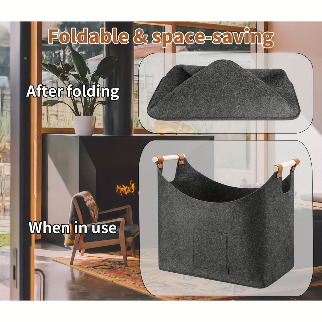Cesto per legna da ardere FELDURA | Pieghevole | Volume 55L | Con manici in legno e dettagli in pelle | Grigio scuro