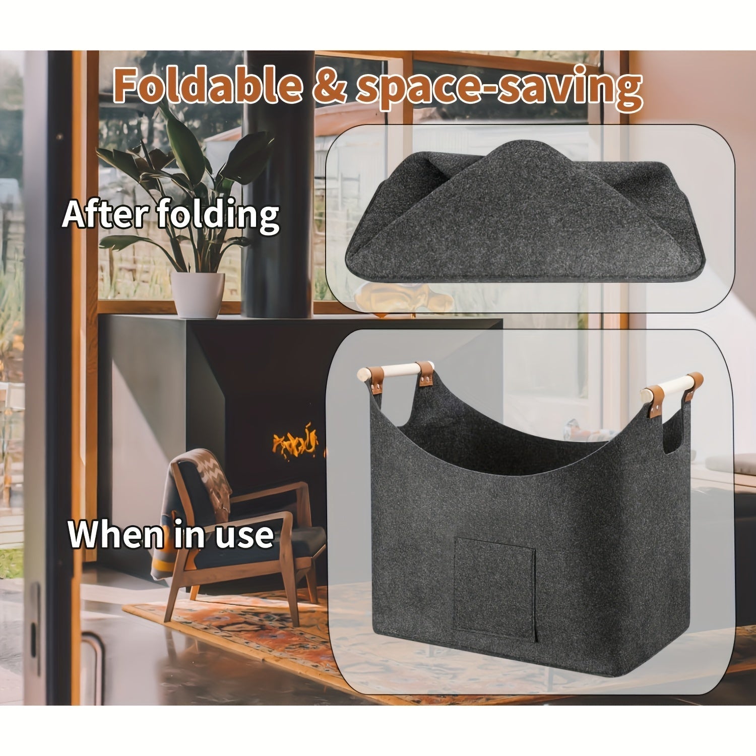 Cesto per legna da ardere FELDURA | Pieghevole | Volume 55L | Con manici in legno e dettagli in pelle | Grigio scuro