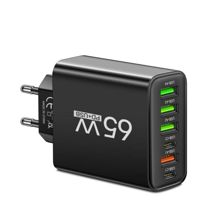 PowerMax 65W Caricatore Veloce 6-in-1 – Carica Fino a 6 Dispositivi Contemporaneamente – Ideale per Casa, Ufficio e Viaggi