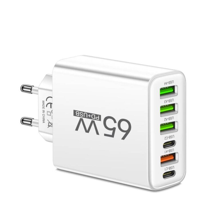 PowerMax 65W Caricatore Veloce 6-in-1 – Carica Fino a 6 Dispositivi Contemporaneamente – Ideale per Casa, Ufficio e Viaggi