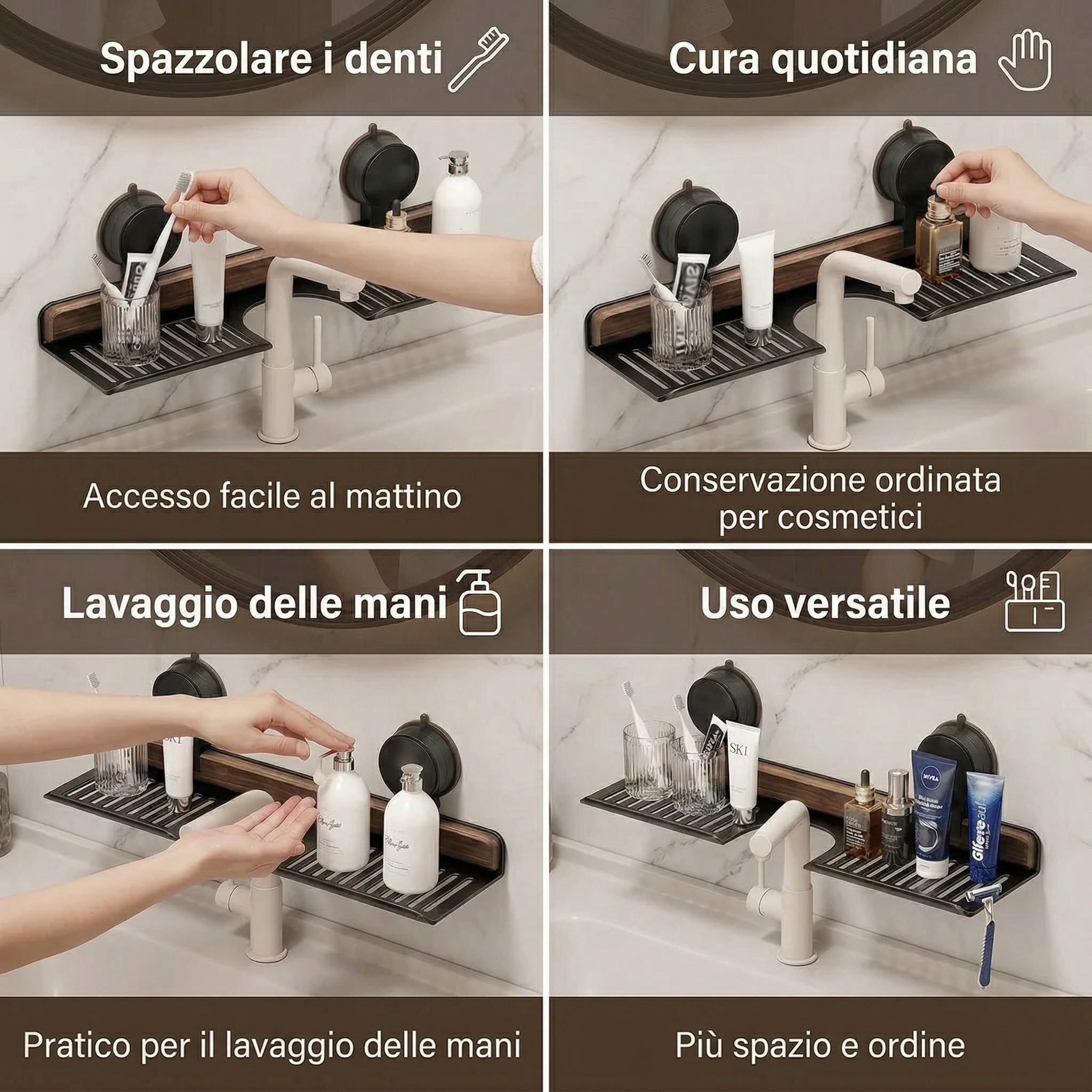 Mensola per Lavabo Bagno con Ventose Design Effetto Noce