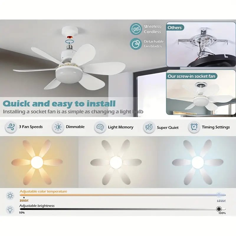 LuxeBreeze Ventilatore a Soffitto Portatile & Luce | Elegante soluzione 2-in-1 con telecomando per comfort e stile