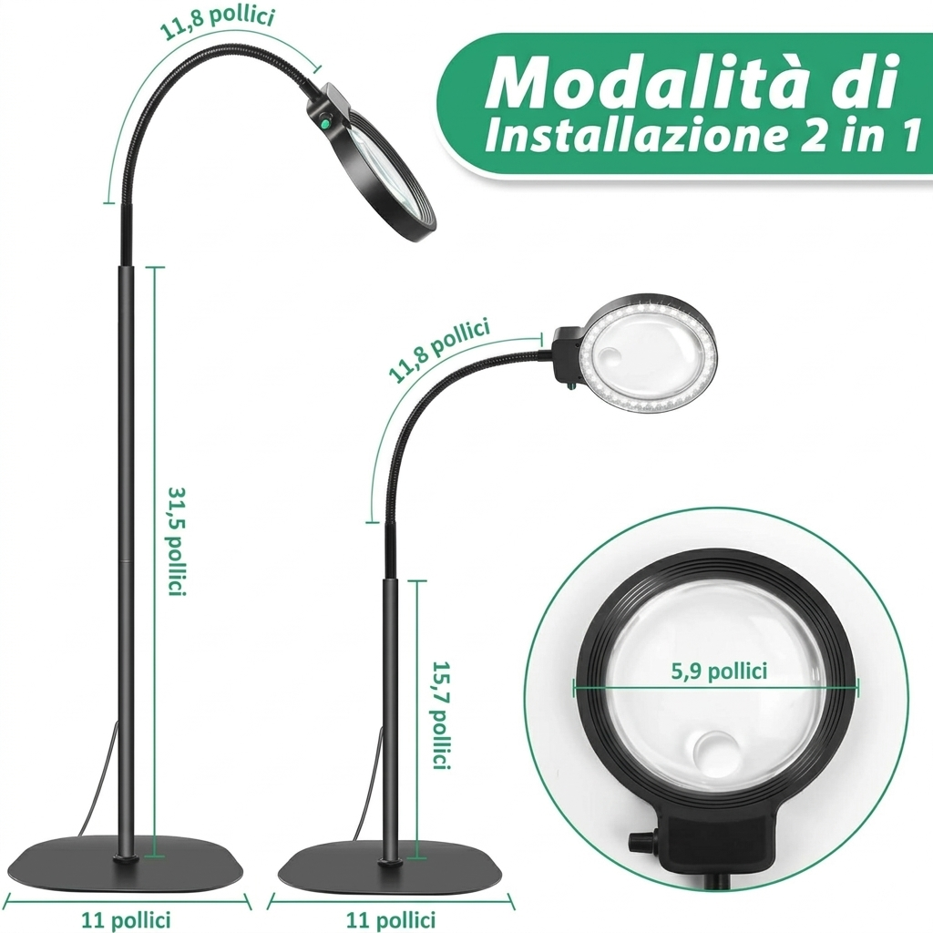 Lampada con Lente d’Ingrandimento da Terra LED per Lettura Senza Mani