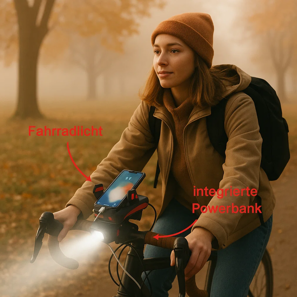 Luce per bicicletta con supporto per smartphone e powerbank | Illuminazione per bicicletta anteriore | PowerRide
