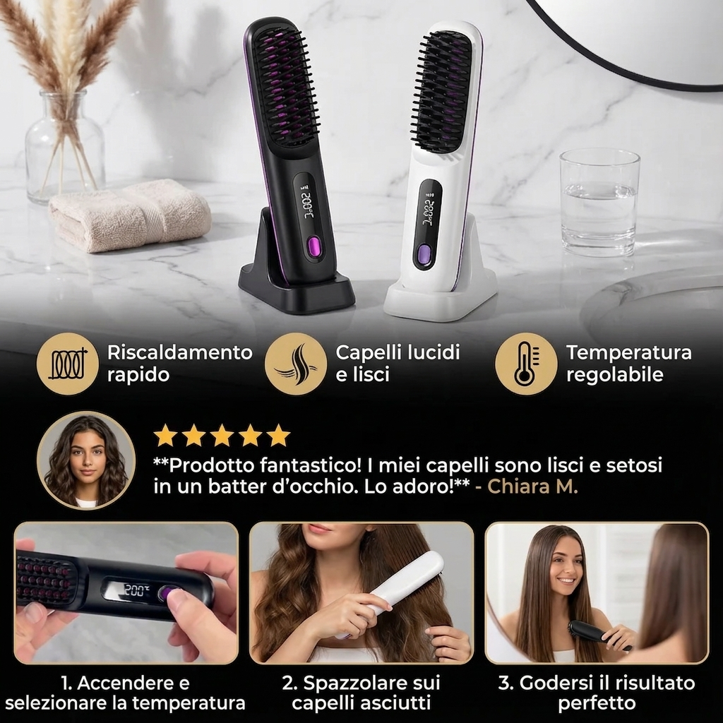Spazzola Lisciante Capelli Riscaldamento Rapido Temperatura Regolabile