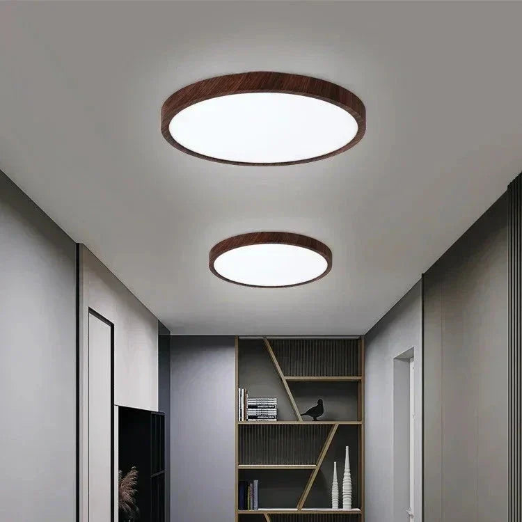 Lampada da soffitto circolare moderna con illuminazione LED regolabile in calda finitura noce per soggiorno e camera da letto