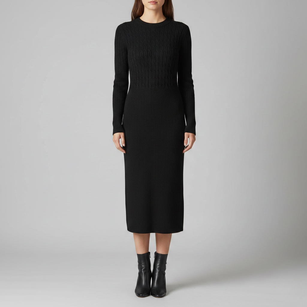 Abito Maglione Maniche Lunghe Midi Collo Rotondo