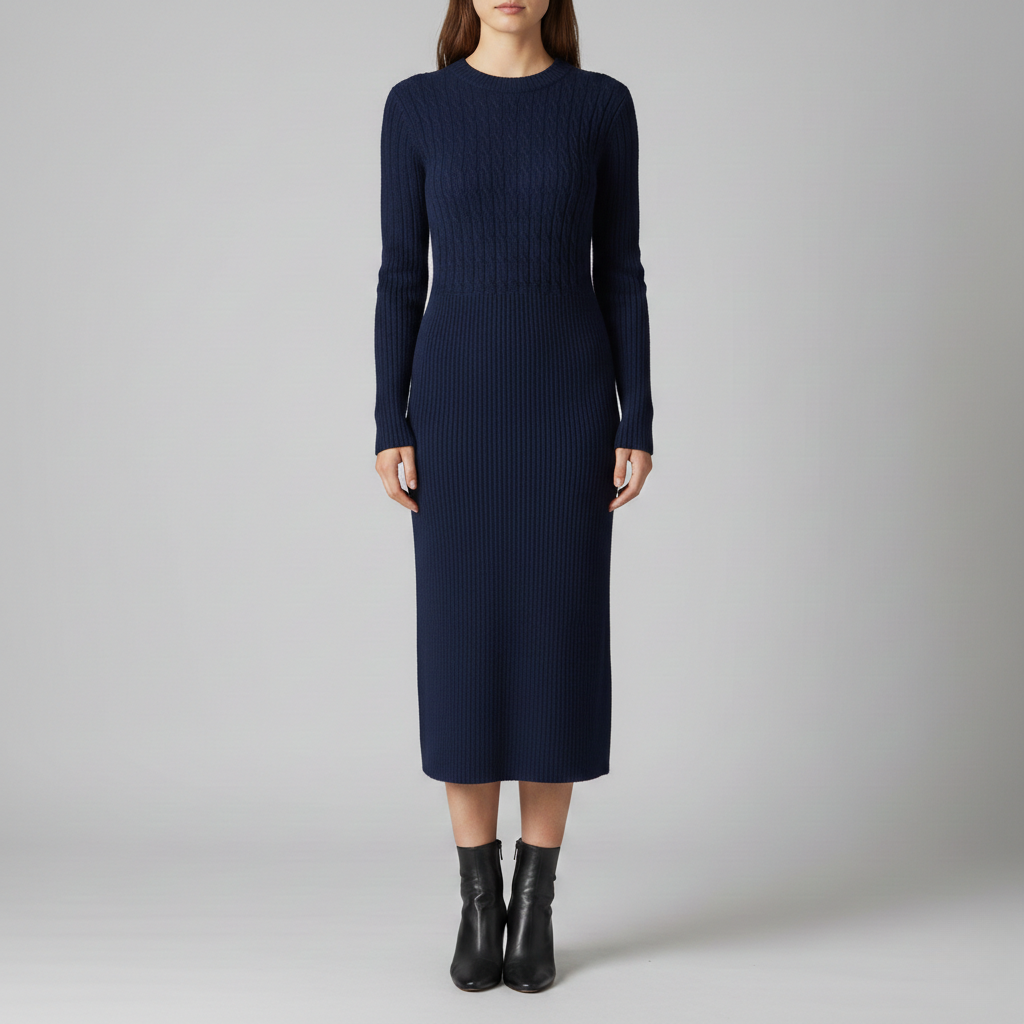 Abito Maglione Maniche Lunghe Midi Collo Rotondo