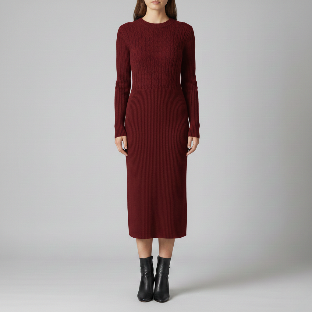 Abito Maglione Maniche Lunghe Midi Collo Rotondo