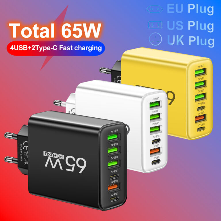 PowerMax 65W Caricatore Veloce 6-in-1 – Carica Fino a 6 Dispositivi Contemporaneamente – Ideale per Casa, Ufficio e Viaggi