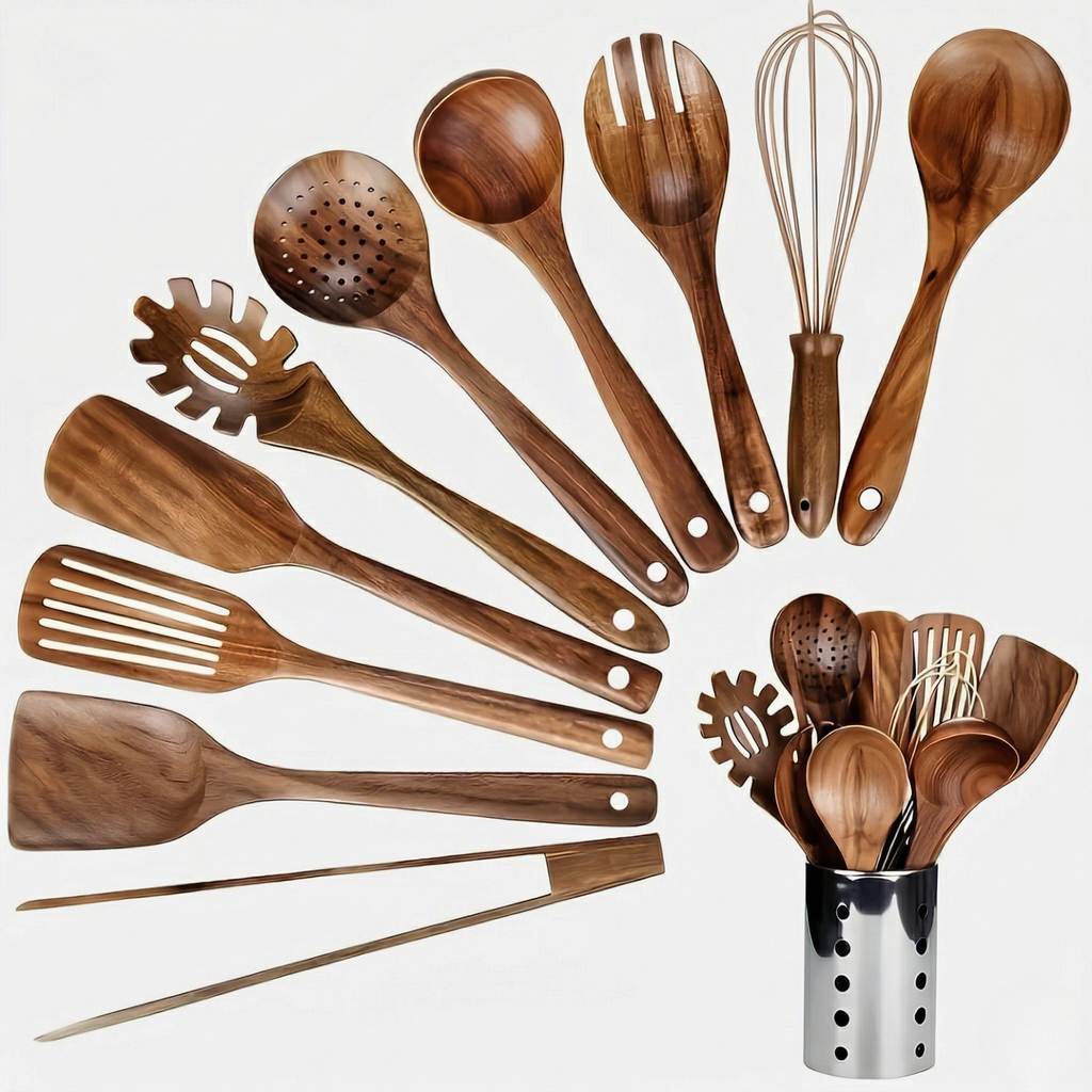 Set Utensili Cucina in Legno 11 Pezzi con Porta Utensili