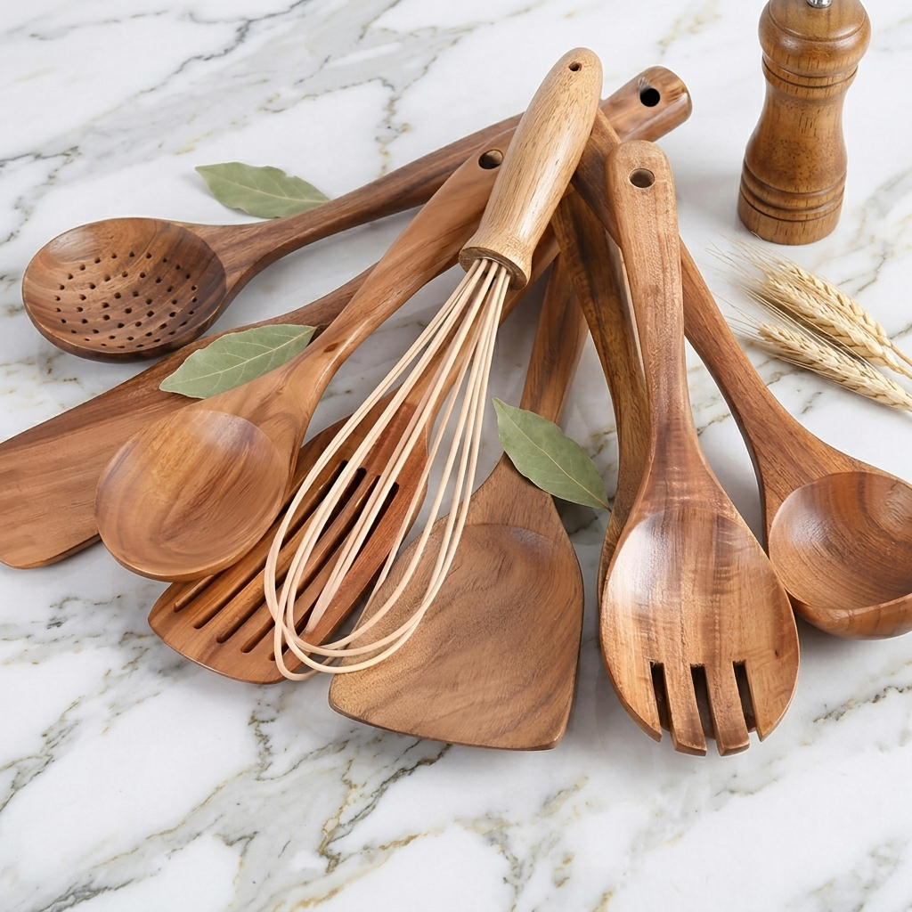Set Utensili Cucina in Legno 11 Pezzi con Porta Utensili