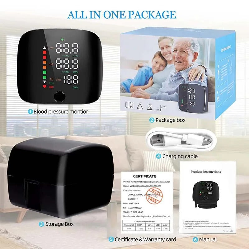 Smart monitor per la pressione sanguigna da polso – Sfigmomanometro elettronico portatile con messaggi vocali