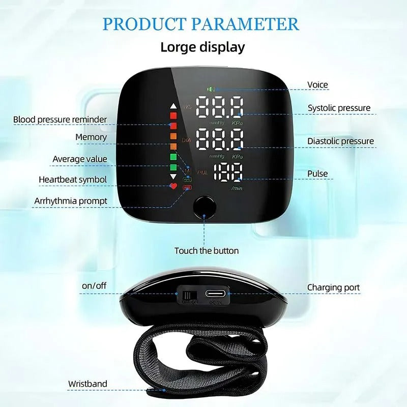 Smart monitor per la pressione sanguigna da polso – Sfigmomanometro elettronico portatile con messaggi vocali