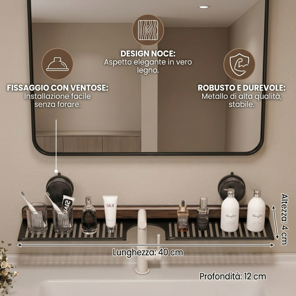Mensola per Lavabo Bagno con Ventose Design Effetto Noce