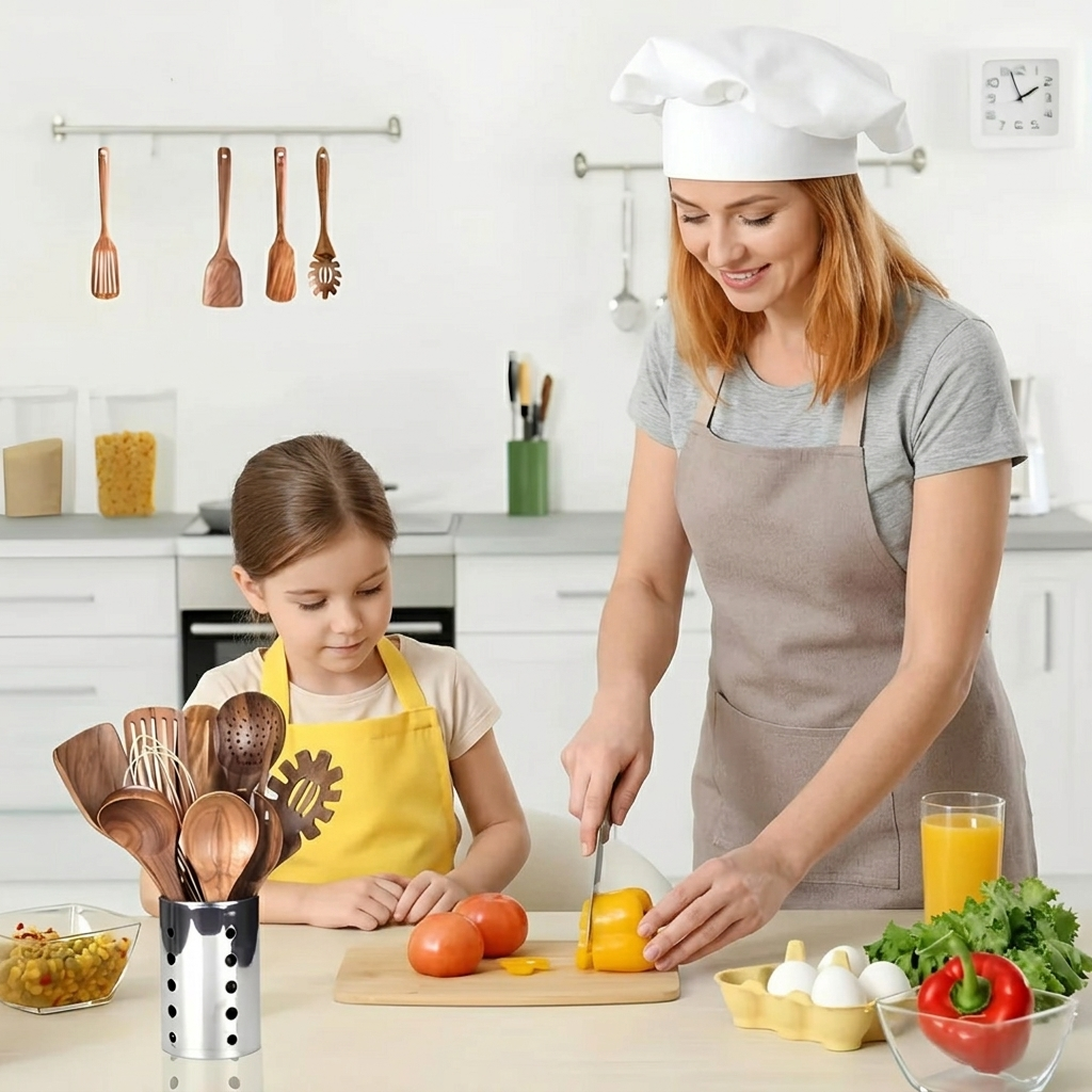 Set Utensili Cucina in Legno 11 Pezzi con Porta Utensili