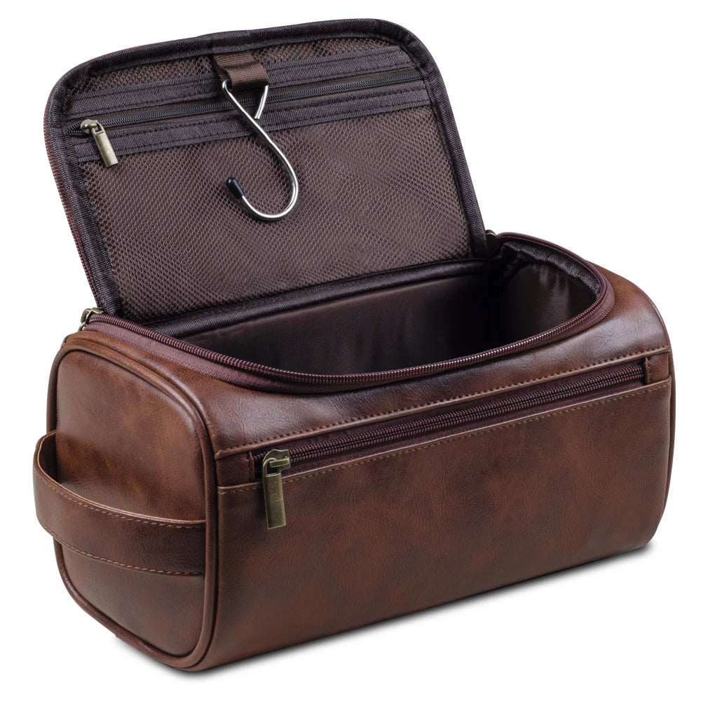 Brehn | Borsa da toilette in pelle premium | Design a tre strati resistente all'acqua | Gancio in metallo integrato per appendere | 25x13x13 cm | Organizer da viaggio compatto con scomparto per accesso rapido