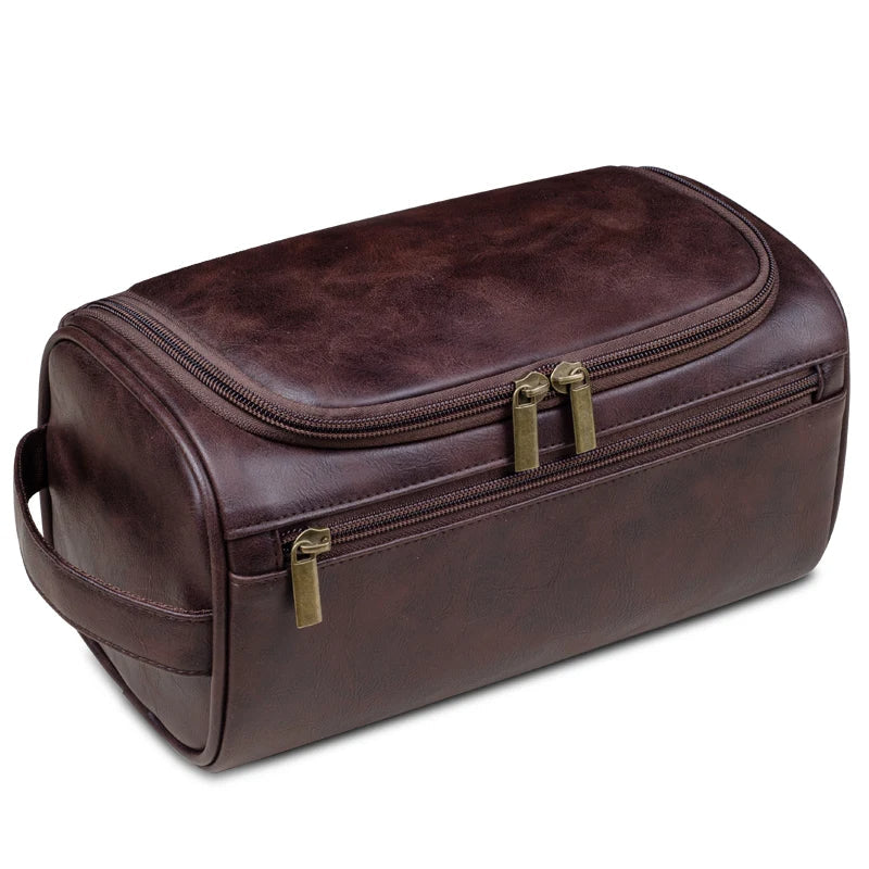 Brehn | Borsa da toilette in pelle premium | Design a tre strati resistente all'acqua | Gancio in metallo integrato per appendere | 25x13x13 cm | Organizer da viaggio compatto con scomparto per accesso rapido