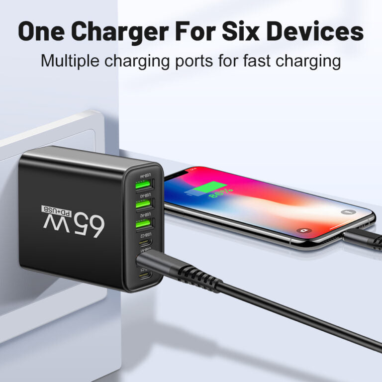 PowerMax 65W Caricatore Veloce 6-in-1 – Carica Fino a 6 Dispositivi Contemporaneamente – Ideale per Casa, Ufficio e Viaggi