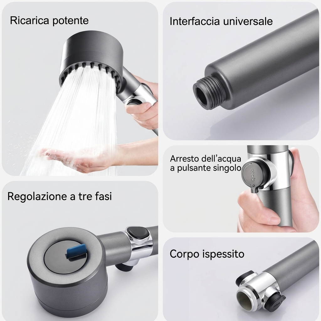 Soffione Doccia Alta Pressione Risparmio Acqua Multigetto