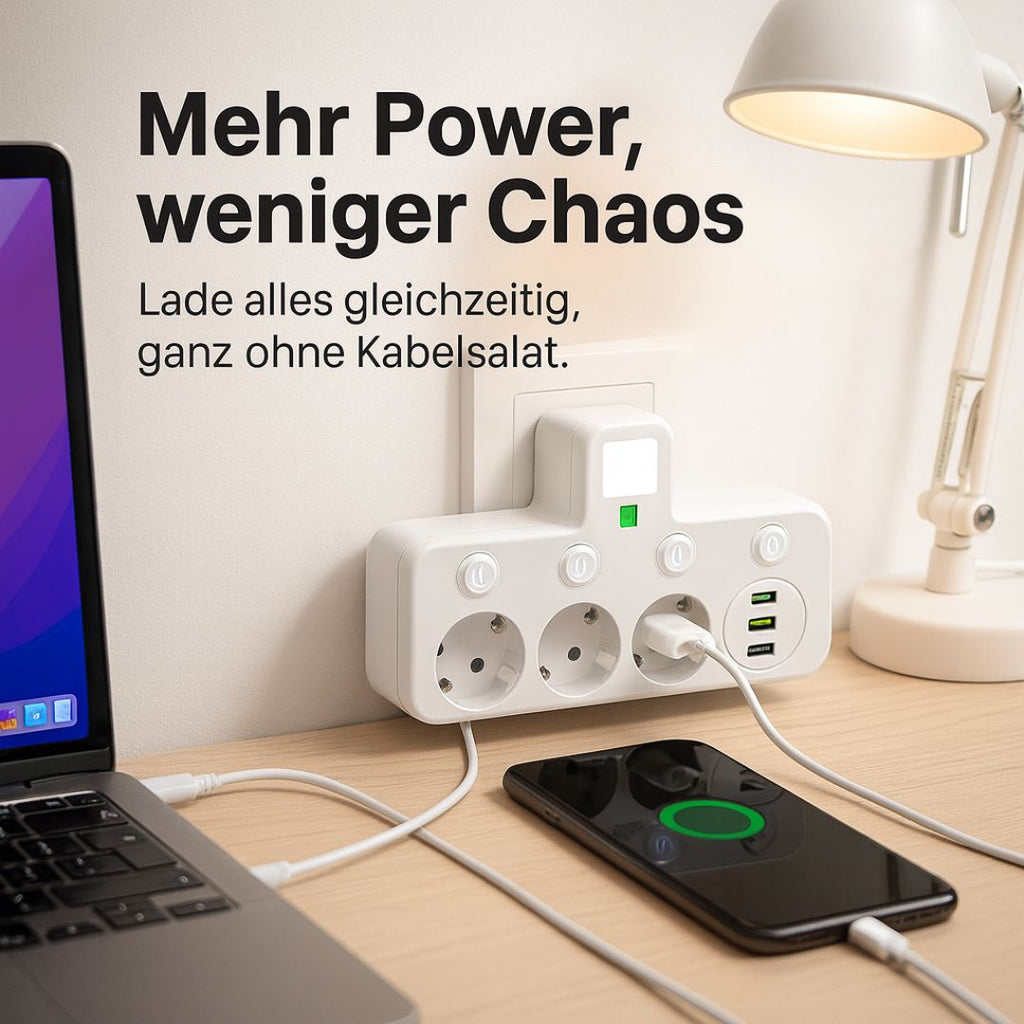 Ciabatta elettrica con 3 prese | Ciabatta multipla con USB e interruttore | PowerGrid