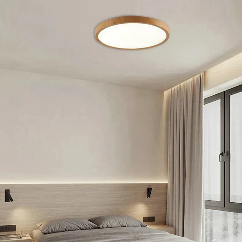 Lampada da soffitto circolare moderna con illuminazione LED regolabile in calda finitura noce per soggiorno e camera da letto