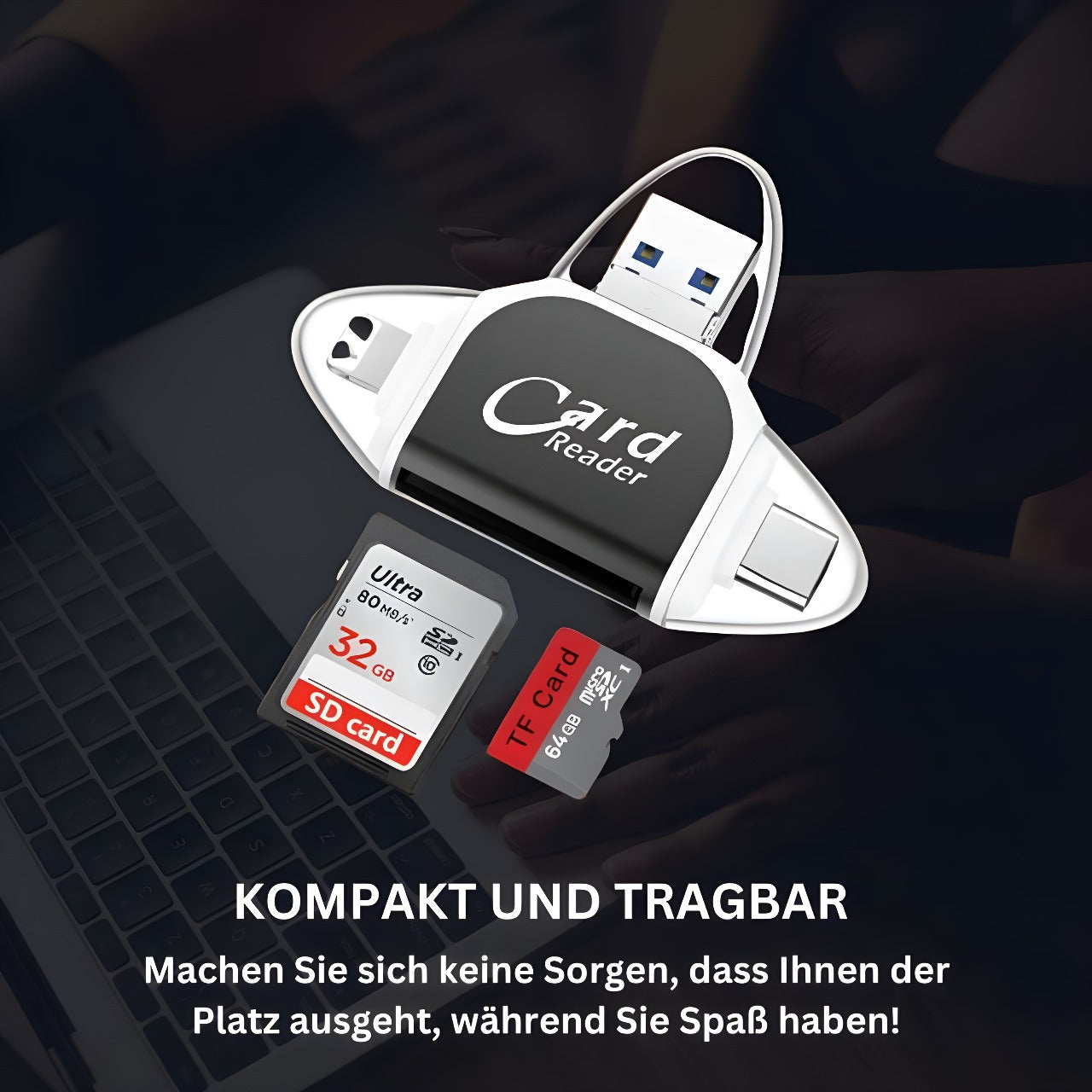 Lettore di schede SD con USB A, USB C, Micro USB e Lightning | Dispositivo di lettura schede per iPhone, Android e Laptop | Adattatore per schede SD | FlexiLink