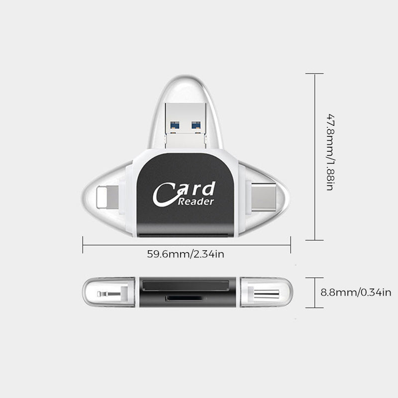 Lettore di schede SD con USB A, USB C, Micro USB e Lightning | Dispositivo di lettura schede per iPhone, Android e Laptop | Adattatore per schede SD | FlexiLink