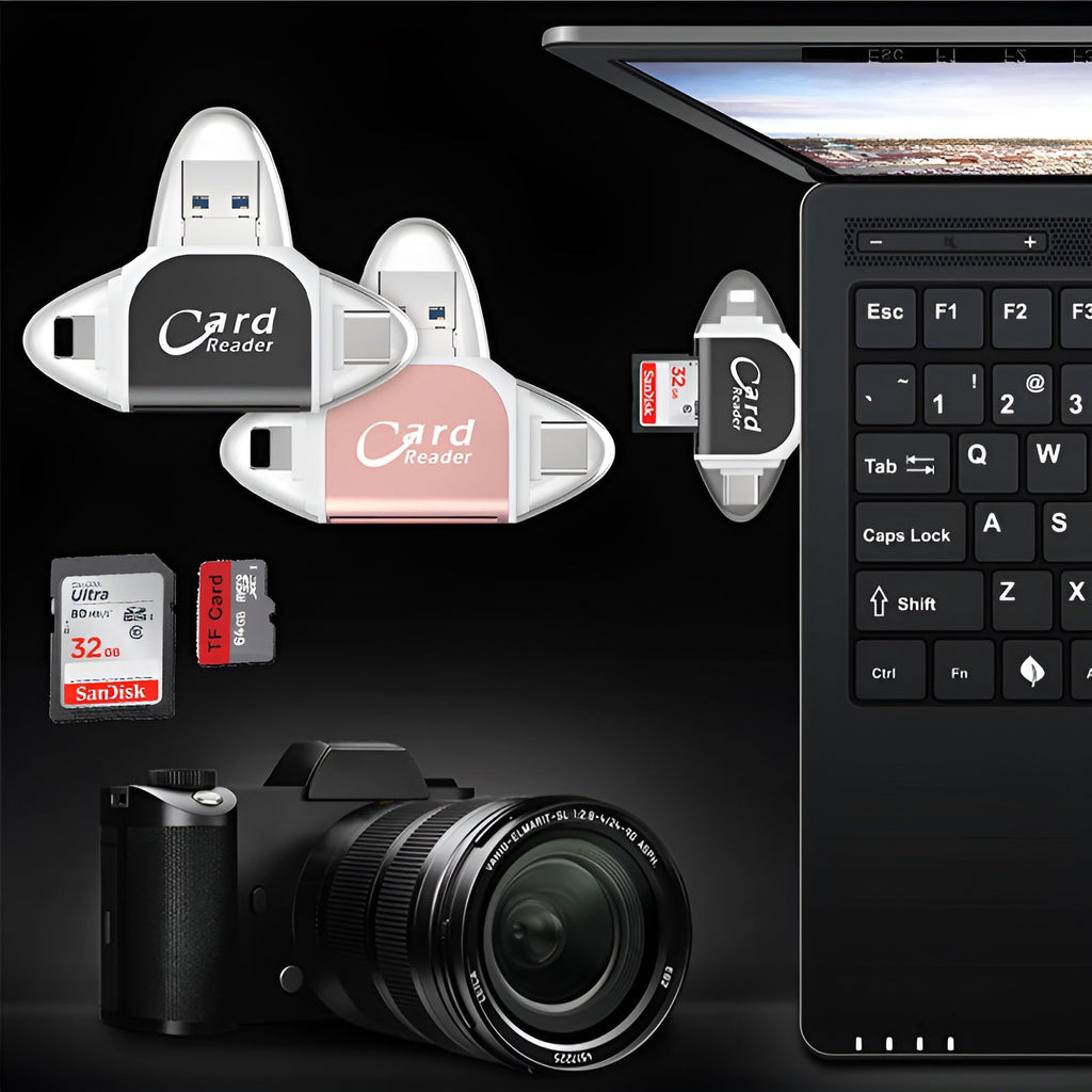 Lettore di schede SD con USB A, USB C, Micro USB e Lightning | Dispositivo di lettura schede per iPhone, Android e Laptop | Adattatore per schede SD | FlexiLink