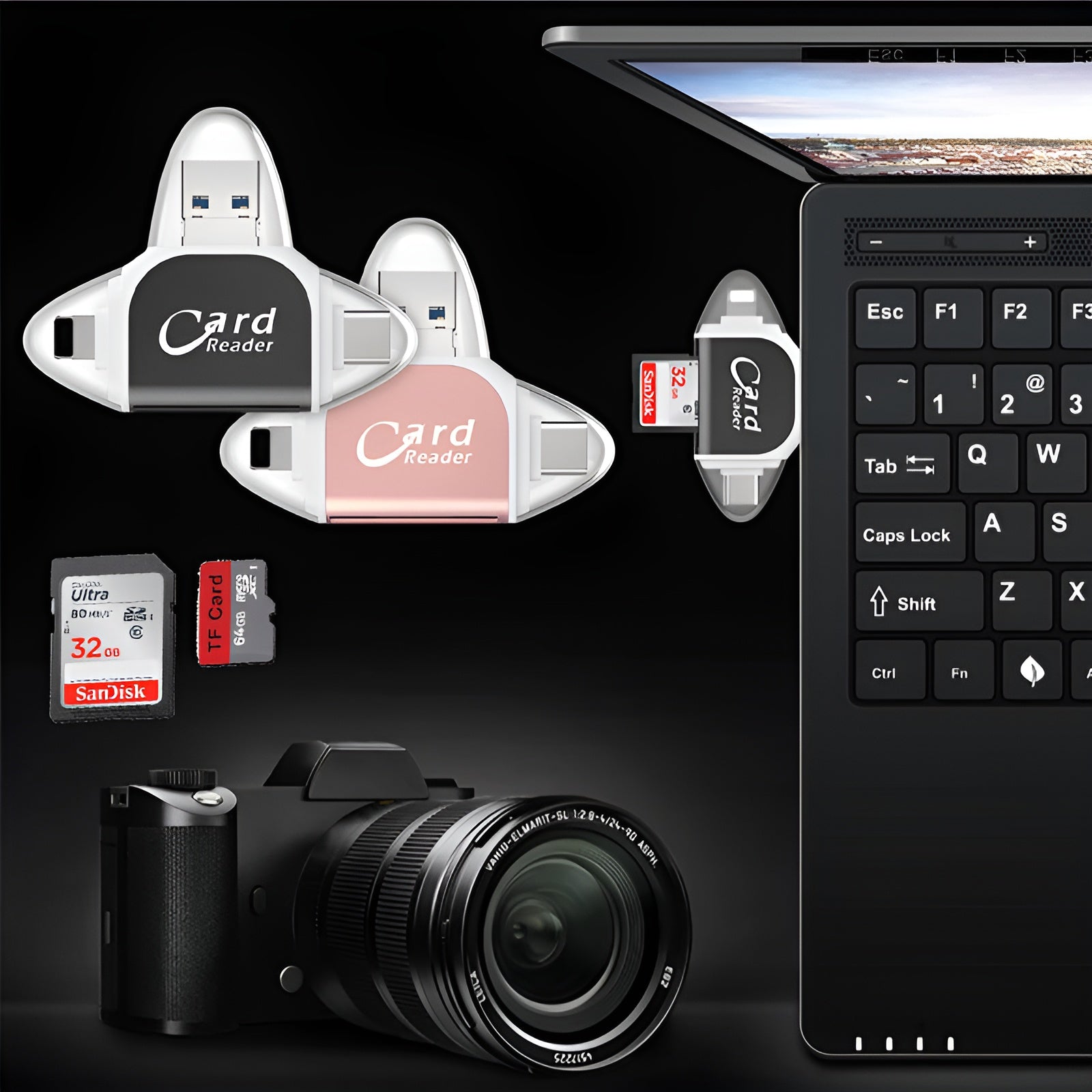 Lettore di schede SD con USB A, USB C, Micro USB e Lightning | Dispositivo di lettura schede per iPhone, Android e Laptop | Adattatore per schede SD | FlexiLink