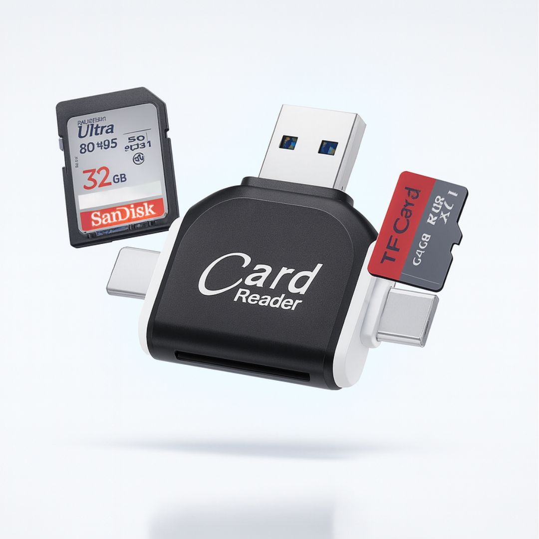 Lettore di schede SD con USB A, USB C, Micro USB e Lightning | Dispositivo di lettura schede per iPhone, Android e Laptop | Adattatore per schede SD | FlexiLink