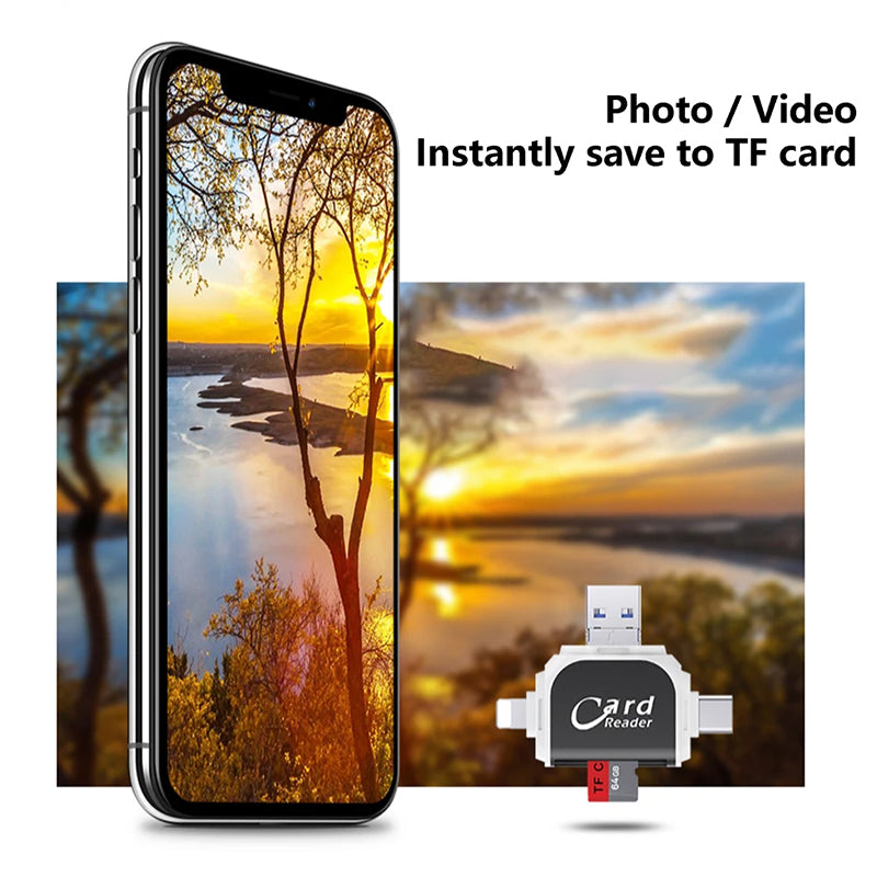Lettore di schede SD con USB A, USB C, Micro USB e Lightning | Dispositivo di lettura schede per iPhone, Android e Laptop | Adattatore per schede SD | FlexiLink