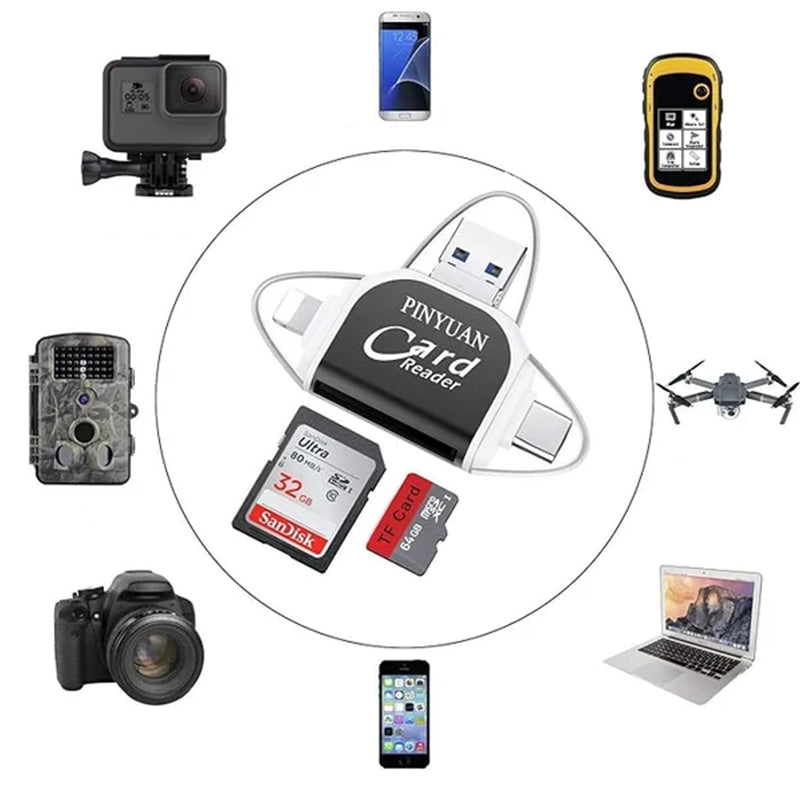 Lettore di schede SD con USB A, USB C, Micro USB e Lightning | Dispositivo di lettura schede per iPhone, Android e Laptop | Adattatore per schede SD | FlexiLink