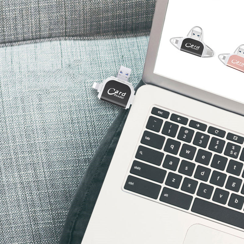 Lettore di schede SD con USB A, USB C, Micro USB e Lightning | Dispositivo di lettura schede per iPhone, Android e Laptop | Adattatore per schede SD | FlexiLink