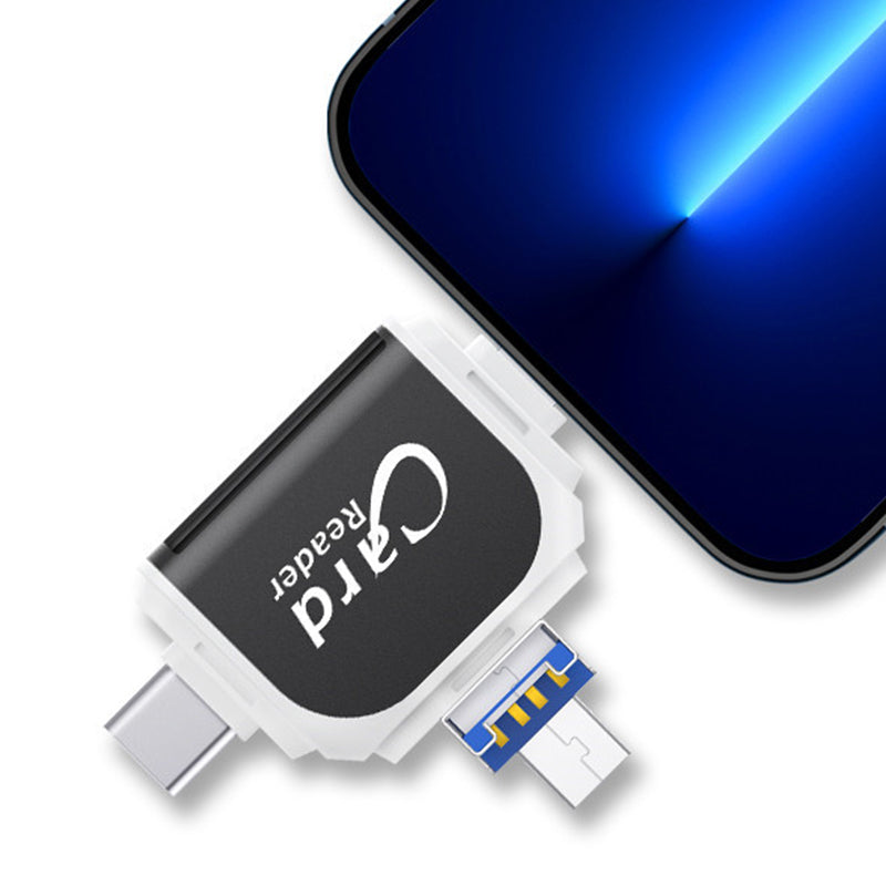 Lettore di schede SD con USB A, USB C, Micro USB e Lightning | Dispositivo di lettura schede per iPhone, Android e Laptop | Adattatore per schede SD | FlexiLink