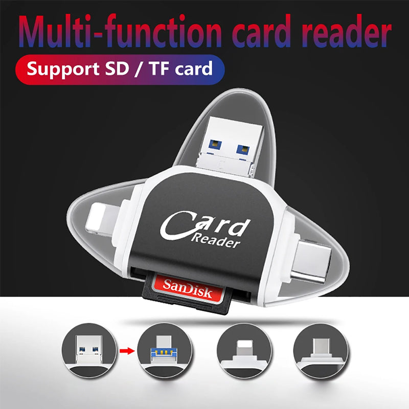 Lettore di schede SD con USB A, USB C, Micro USB e Lightning | Dispositivo di lettura schede per iPhone, Android e Laptop | Adattatore per schede SD | FlexiLink