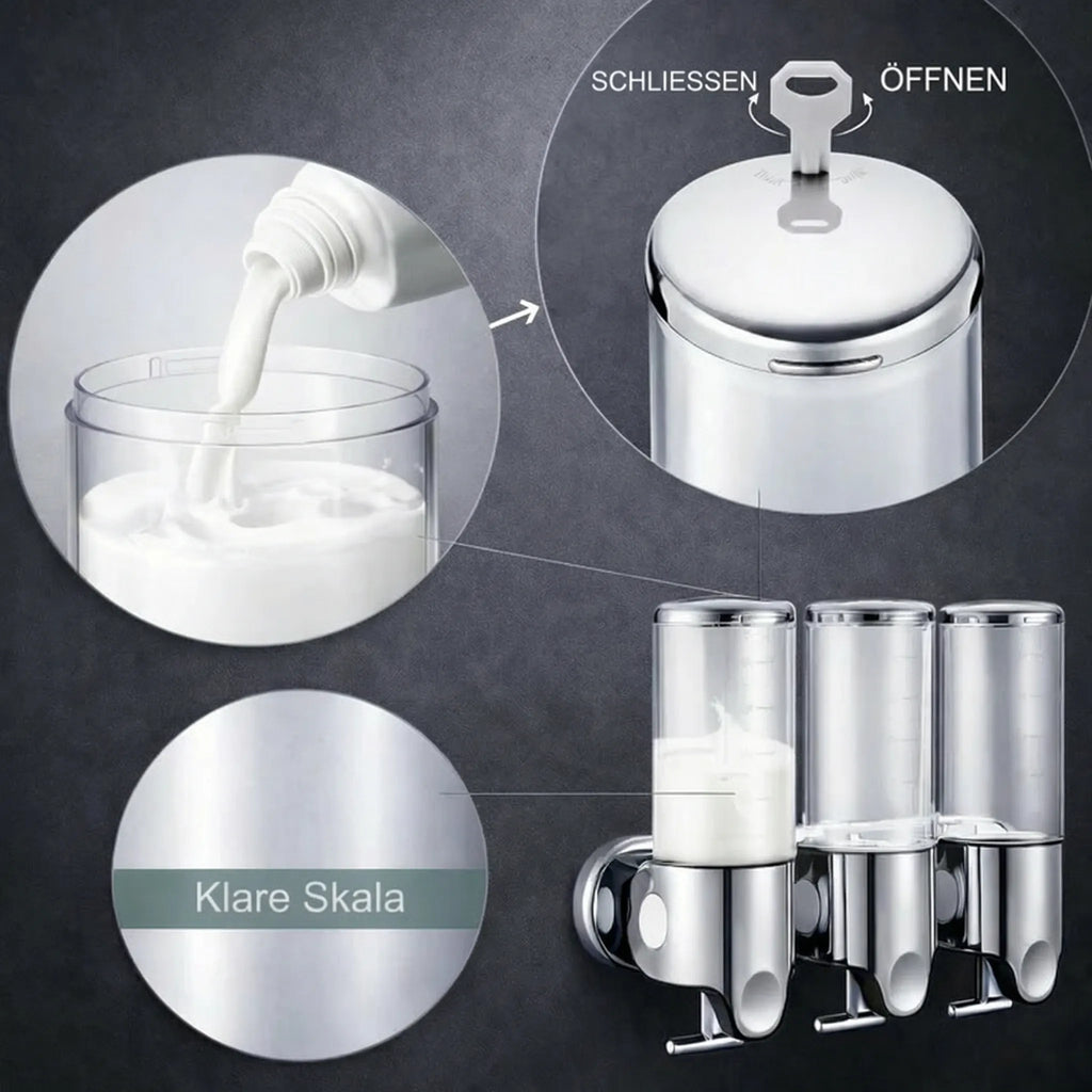 Dispenser per sapone a parete | Set dispenser per detersivo | Nero, Argento e Trasparente | SeifenFlow